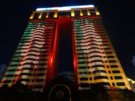Many modern skyscrapers in China feature nightly LED lighting shows lasting until late in the evening.